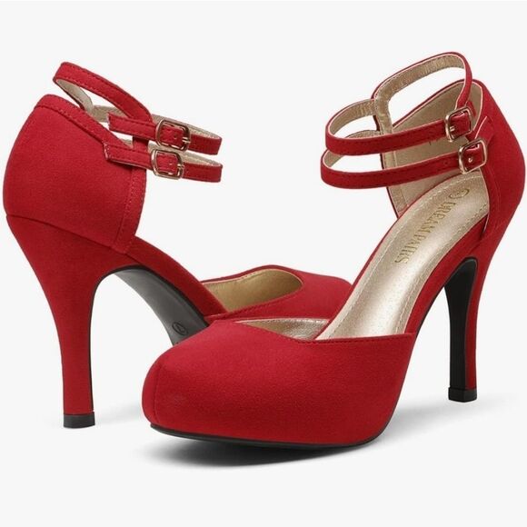 🩵NIB Red Faux Suede Leather Double Ankle Strap Platform Heels Size 7.5 - Picture 1 of 14